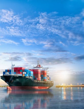 Logistics and transportation of International Container Cargo ship in the ocean at twilight sky, Freight Transportation, Shipping